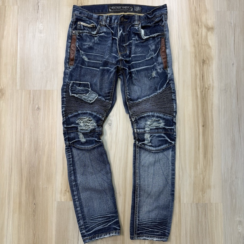 Y2K Heritage America Biker Jeans Mens Streetwear Size 34x33 Distressed